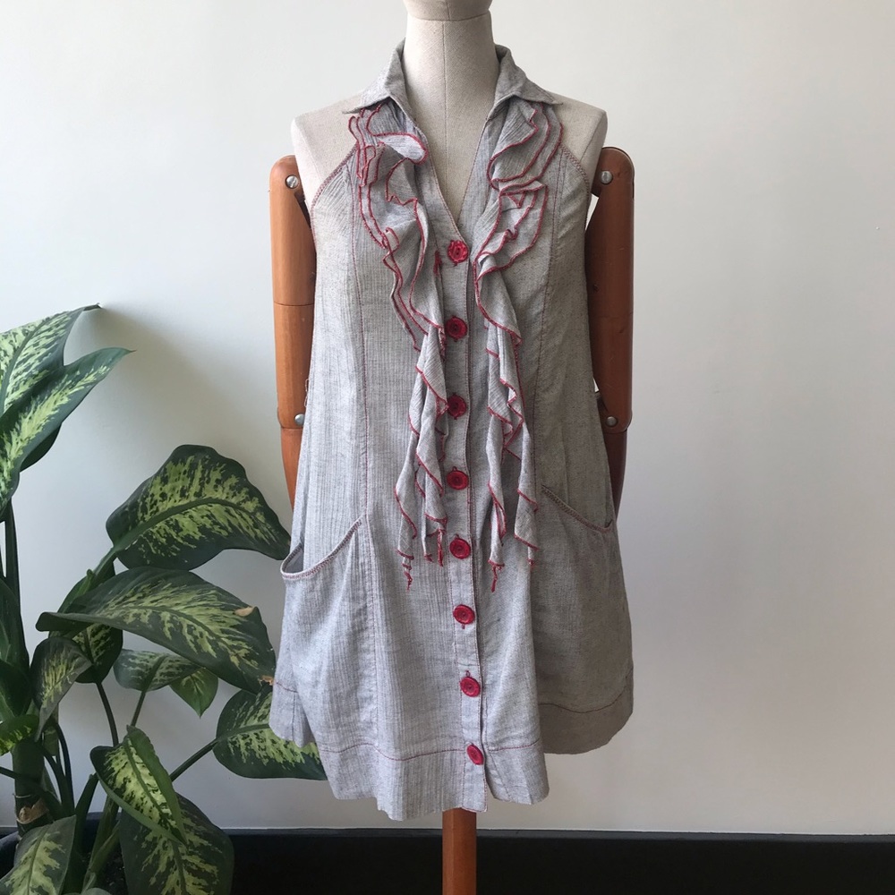 Grey cotton, sleeveless, collar mini dress